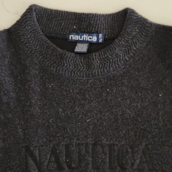 VTG Nautica Wool Sz XL Men's Crewneck Sweater Gray Spell Out Knit Pullover Top - Picture 6 of 10